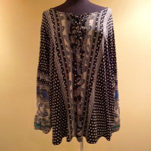 Style & Co Plus Size Blue Lace-Up Neck Printed Top